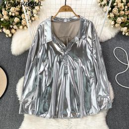 Women's Blouses Nomikuma Autumn Fashion Satin Silver Blouse Women 2024 Causal Chic Tops Korean Long Sleeve Turn-down Collar Shirts