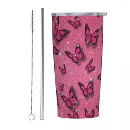 Tumblers Pink Butterfly Stainless Steel Tumbler Nature Travel Thermal Cups With Straws And Lid 20oz Car Mugs Drinks Water Bottle