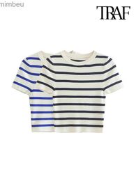 Women's T-Shirt TRAF Women Fashion Striped Basic Cropped Knit Sweater Vintage O Neck Short Sleeve Female Pullovers Chic Tops L240201