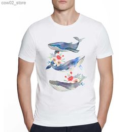 Men's T-Shirts Men Clothes Watercolor whales and flowers Classic T-Shirt Funny Aesthetic Shirt Leisure O-neck T Shirt Streetwear Graphic Tees Q240201