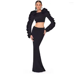 Work Dresses Stylish Flowers Decorated Two Piece Set Ruffled Long Sleeve Backless Top Knit Bodycon Split Skirt Black Ribbed Dress
