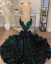 Sparkly Green paljetter Mermaid Prom Dresses for Black Girls Crystal Rhinestone Court Train Party klänning Robes de Bal Custom Made BC18147