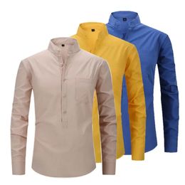 100% cotton spring/summer linen mens shirt long sleeve free ironing solid color business casual American code 240201