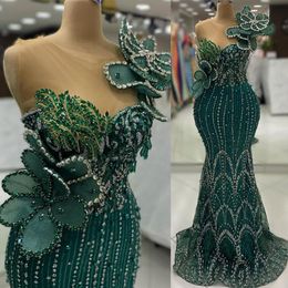 2024 ASO EBI HUNTER GREEN MERMAID PROMドレスビーズクリスタルスパンコールフォーマルパーティー2番目のレセプション誕生日婚約ガウンドレスローブDE SOIREE ZJ87