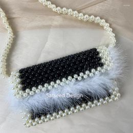 Evening Bags Black And White Pearls Women Shoulder Feathers Messenger Bag Hand For 2024 Fashion Party Give Gifts Lady