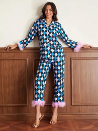 Women's Two Piece Pants Women Pyjamas Pant Set Furry Patchwork Striped Plaid Long Sleeve Tops With Pockets Sleepwear Female Casual