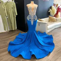 Blue Long Prom Dress For Black Girls Rhinestone Beads Birthday Party Dress Mermaid Evening Gowns