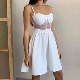 Casual Dresses Spring Summer Fashion Chain Spaghetti Strap Dress Stripes Patchwork Mesh Fit And Flare Hem Sexy Temperament Backless 2024