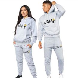 Couple Sportswear Hubby Wifey Print Lovers Outfits Fleece Suit Fashion Men Hoodie Pants 2 Pieces Sets Womens Tracksuit 240130