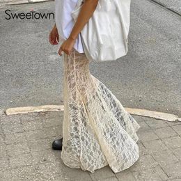 Skirts Sweetown Two Layer Lace Trumpet & Mermaid Long For Women Vintage Elegant Fashion High Waist Skirt Holiday Outfits