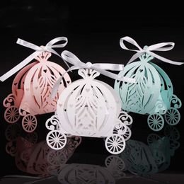 2019 50pcs Laser Cut Pumpkin Carriage Wedding Candy Favour Box Pearl Colour Paper Candy Box Baby Shower Birthday Gift265m