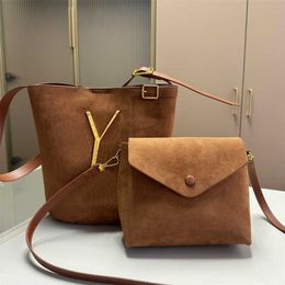 Sell 2 In 1 Suede Bucket Bags Y-letter Designer Bag With Purse Women Handbag Soft Shoulder Tote Bag Lady Fashion Brown Black Totes 231215