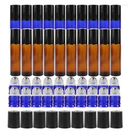 Storage Bottles 24PC/Pack 10ml Blue Amber Thick Glass Roll On Bottle Travel Refillable Roller Ball Container With Stainless Steel