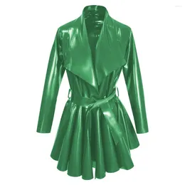 Women's Trench Coats Fashion PVC Long Sleeves A-Line Belt Large Lapel Dress Pleated Hem Mid-Length Jackets Womens Clothing Open Stitch Lady