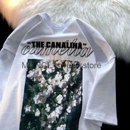 Men's T-Shirts Korean Hiphop Floral Print Large Size Short Sleeved T-shirt for Men and Women Ins. Summer Loose Fitting Casual Couple Top Y2kH2421