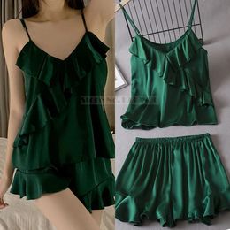 Summer Female Pyjamas Set Green Ruffle Chemise Sleepwear Sexy Strap Top shorts Intimate Lingerie Loose Silk Satin Home Wear 240126