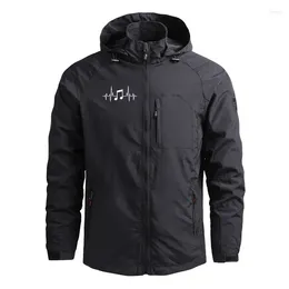 Men's Jackets Music Heartbeat Spring Autumn Outdoor Military Hooded Zipper Leisure Jacket For Men Multiple Pockets Man Coat