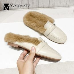 Real Rabbit Fur Slippers Women Sqaure Cover Toe Mules Low Flats Heels Slides Shoes Furry Pantufa Fluffy Hair Flipflops Ladies 240118