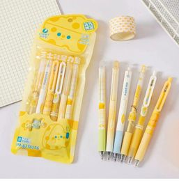 Cute Gel Pen 0.5mm Quick-Drying Black Ink Click Type Cheese Pattern Lovely Student School Stationery 6pcs/Pack