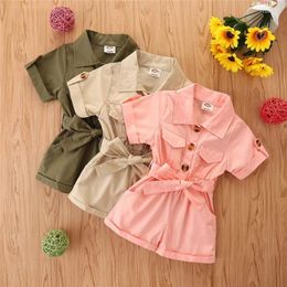 Clothing Sets Kids Baby Girls Clothes Solid Colour Cotton Jumpsuit Button Front Short Sleeve Shorts Bodysuit Tapered Waist Summer 1-6Y
