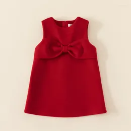 Girl Dresses Girls Elegant Bow Red Dress Autumn And Winter Children's Year Celebration Sleeveless Tweed Princess