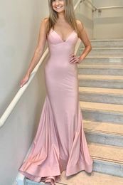 Mermaid Pink Long Prom Dress with Lace Up Back Formal Party Gown V Neckline Evening Gowns Backless