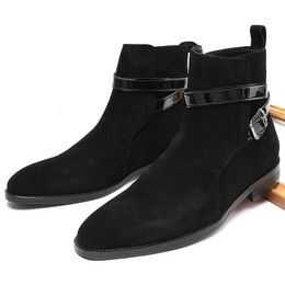 Fashion Genuine Leather Ankle Black Brown Men Pointy Dress Belt Buckle Formal Elegant Man Boots
