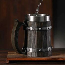 Thermoses 2023 Viking Imitation Wood Beer Mug Resin 304 Stainless Steel Coffee Cup Wine Glass Double Wall Mug Thermal Men Gift 600ml