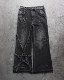 Men's Jeans 2024 Gothic Punk Rock Five Star Embroidered Y2K Street Hip Hop Loose High Waisted Wide Leg Pants Women's