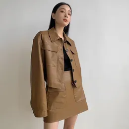 Two Piece Dress Fashionable Suit Set For Women In Spring-Autumn Short Motorcycle-style PU Leather Jacket Hip-hugging Half-skirt Two-Piece