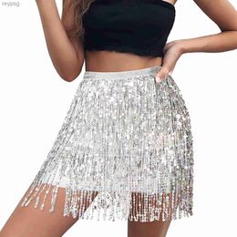 Skirts Women Sequined Fringe Skirt Glitters Elastic Waist Miniskirt Mini Skirt for Dance Rave Party Black/Silver/Gold/Red YQ240201