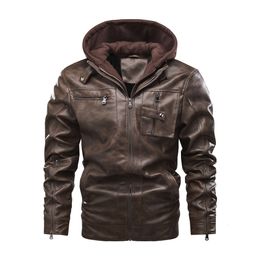 Us Mens Multi Pocket Large Pu Leather Jacket Cotton Long Zip Sleeve Removable Hoodie SGTQ