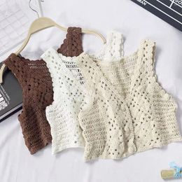 Women's Vests Single Breasted Vintage Casual Loose Office Lady Cardigan Hollow Crochet Vest Sleeveless Waistcoat Cotton Coat Women V-Neck