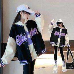 Kids Baseball Jackets Girls Outerwear Letter Pattern Long Sleeve Buttons Front Coat Spring Fall Children Clothes 4-14 Years 240127