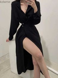 Basic Casual Dresses Deeptown Korean Style Black Midi One Piece Dress Women Coquette Shirt Holiday Dresses Elegant Spilt Long Sleeve Winter Vestidos YQ240201