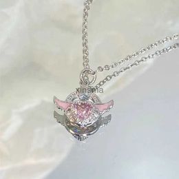 Chokers Kpop Fairy Pink Crystal Heart Wings Pendant Necklace Y2K Egirl Emo Girls Women Heart Clavicle Chain Choker Fashion Jewellery Gifts YQ240201