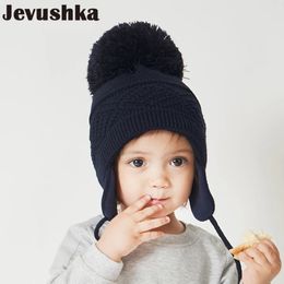 Winter Kids Hat Big Pompom Cartoon Cotton Knit Baby Beanie Hats for Boys and Girls with Fleece Lining Bomber Caps for Children 240124