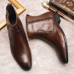 Genuine Leather Men's Ankle Black Brown Boot Shoes for Men Dress Zipper Formal Fashion Man Boots