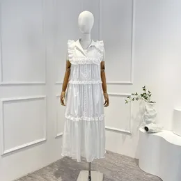 Casual Dresses 2024 Latest Summer High Quality Pure Cotton Solid White Ruffle Sleeveless Women Elegant Long Midi