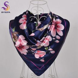 Scarves BYSIFA|Navy Blue Pink Silk Square Scarf Printed Women Brand Satin Shawls China Style Peach Blossom Design Head