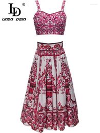 Work Dresses LD LINDA DELLA 2024 Summer Sexy Vintage Burgundy Print Suspender Pleated High-Waisted Skirt Two-Piece Beach Resort Travel Set