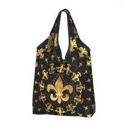 Shopping Bags Fashion Gold And Black Fleur De Lis Tote Bag Portable Fleur-De-Lys Lily Flower Groceries Shoulder Shopper
