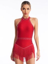 Stage Wear Womens Latin Dance Leotard Shiny Rhinestones Halter Sleeveless Tassel Bodysuit Ballroom Tango Samba Cha-Cha Performance Costume