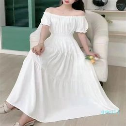 Party Dresses Women Solid Elegant Ruched High Waist Vintage Puff Short Sleeve Summer