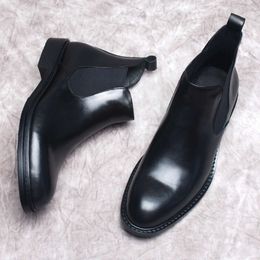 Fashion Men's Summer Genuine Leather Ankle Slip on Black Brown Dress Formal Brand Boots Men Shoe