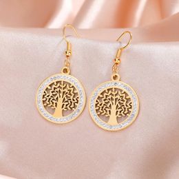 Dangle Earrings Skyrim Tree Of Life Women's Stainless Steel Gold Color Clear Zircon Round Pendant Earring Amulet Jewelry Gift