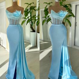 Graceful Feather Mermaid Evening Dresses Beaded Lace Prom Gowns Sleeveless Side Split Custom Made Formal Party Dresses Plus Size
