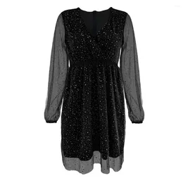 Casual Dresses Mini Length Dress Elegant V Neck Sequin With Mesh Sleeves For Women Spring Fall Prom Cocktail Party Outfit