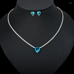 Necklace Earrings Set UILZ Luxury Heart Shaped Zirconia Stud Neckalces For Women Blue Pink Wedding Bridal Party Jewelry