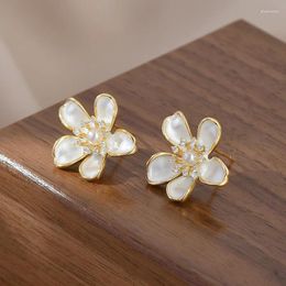 Stud Earrings S925 Silver Needle Temperament Female Niche Design Sense Camellia Autumn And Winter Pearls